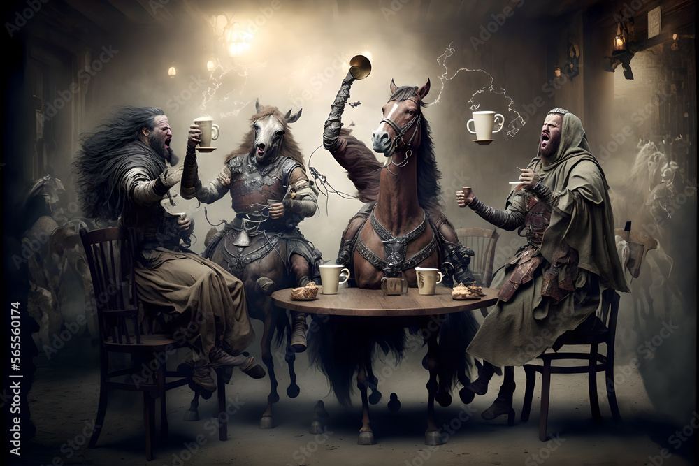 Horse and man hybrids sitting in a bar drinking beer being loud, scary