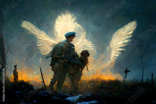 A hero soldier carries his fellow comrade to safety after he was injured with angels with white wings in the background protecting them