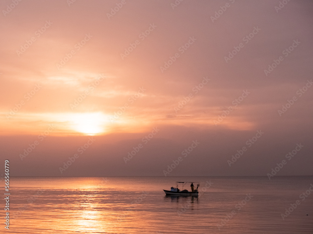 sunset red silhouette boat sea