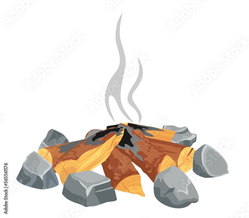 Extinct fire bonfire, Flat campfire isolated on white background. Wood campfire. Wood material branches, planks, logs. Vector flat style illustration.
