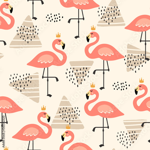 Wallpaper Mural Flamingo scandinavian elements, dashed hearts, stripes cute neutral color beige bedding design. Fabric and textile print. Torontodigital.ca