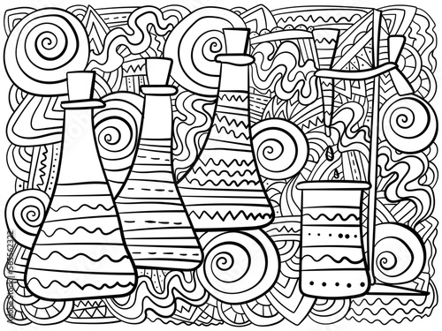 Horizontal coloring page with scientific details, laboratory equipment creative patterned page