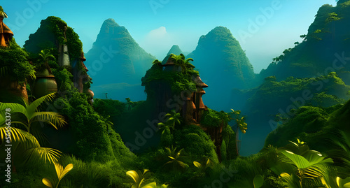 Illustration painting of fantasy tropical jungle alien environment colorful concept art