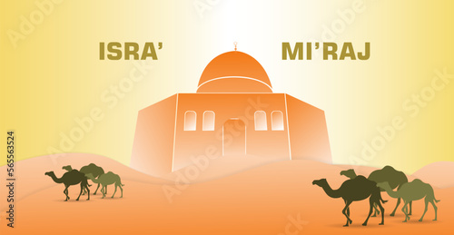 isra mi'raj design template. with desert, camel and mosque elements, in bright orange color, for banners or web business