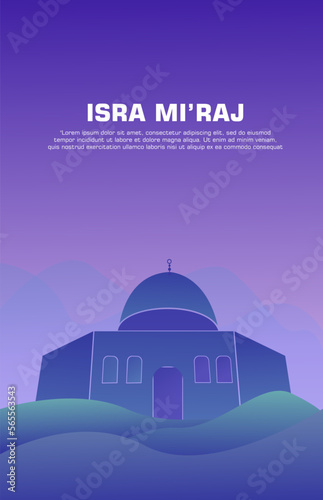 isra mi'raj design poster template. with desert, camel and mosque elements, in dark colors. vector illustration