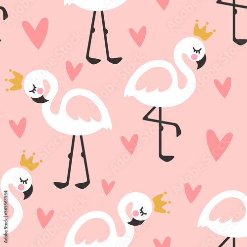 Kawaii kids pink flamingo baby seamless pattern background for children fabric and textile. Cute animal vector design with clouds, dashed scandinavian hearts.
