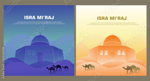 isra mi'raj design set poster template. with desert, camel and mosque elements, with orange gradient color light and dark. for social media feeds