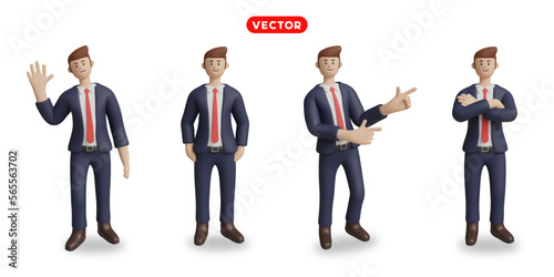 3D-rendering. On a white background, a businessman gestures, waving hands, pickpockets, crossed arms, and points.