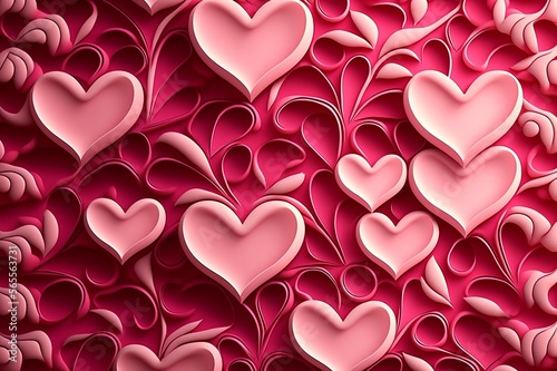 Valentine's Day. Pink heart shape backdrop. Abstract holiday Valentine background with pink satin hearts. Love concept. Postproducted generative AI digital illustration.