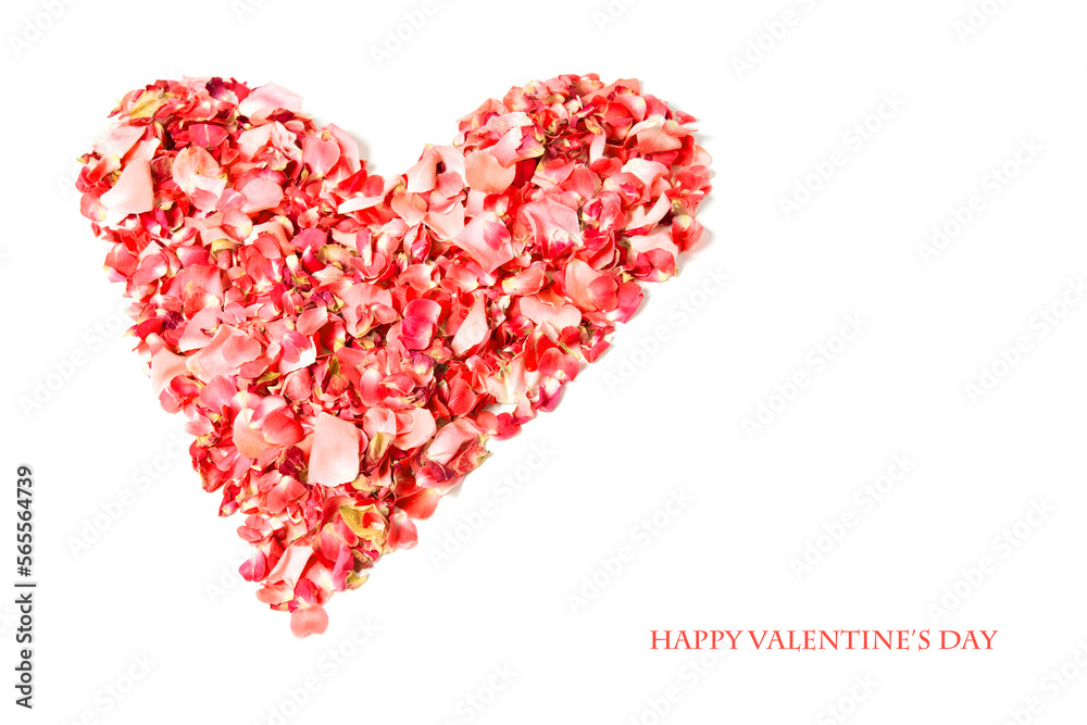 Valentine's day card design - red rose petals in hearts shape, isolated on white background