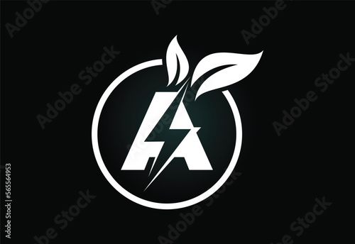 Initial A letter thunderbolt leaf circle or eco energy saver icon. Leaf and thunderbolt icon concept for nature power electric logo