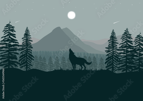 wolf and mountains landscape with full moon at night vector illustration © Fajarhidayah11