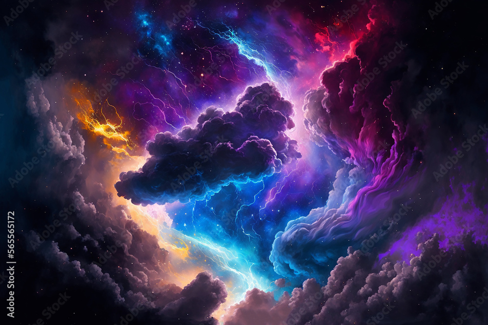 Fairytale sky with clouds and stars, space background.
