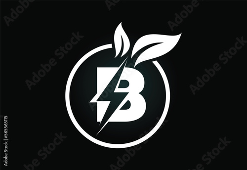 Initial B letter thunderbolt leaf circle or eco energy saver icon. Leaf and thunderbolt icon concept for nature power electric logo
