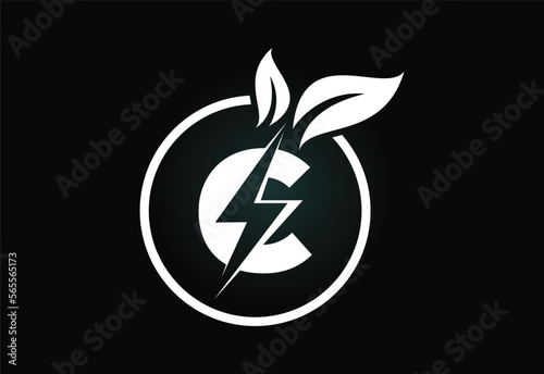 Initial C letter thunderbolt leaf circle or eco energy saver icon. Leaf and thunderbolt icon concept for nature power electric logo