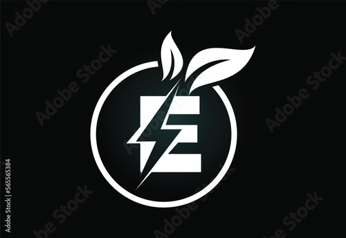 Initial E letter thunderbolt leaf circle or eco energy saver icon. Leaf and thunderbolt icon concept for nature power electric logo