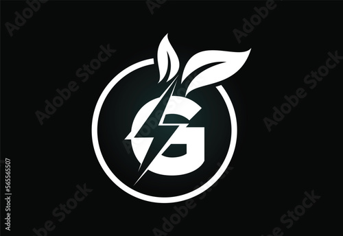 Initial G letter thunderbolt leaf circle or eco energy saver icon. Leaf and thunderbolt icon concept for nature power electric logo
