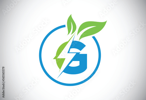 Initial G letter thunderbolt leaf circle or eco energy saver icon. Leaf and thunderbolt icon concept for nature power electric logo