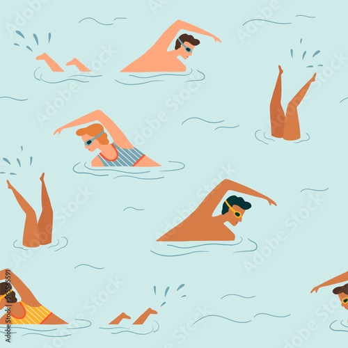 Repeated background with people  swimming in the sea or in the ocean. Seamless pattern with man and woman swim in swimming pool. Summertime beach vector illustration. Flat design.