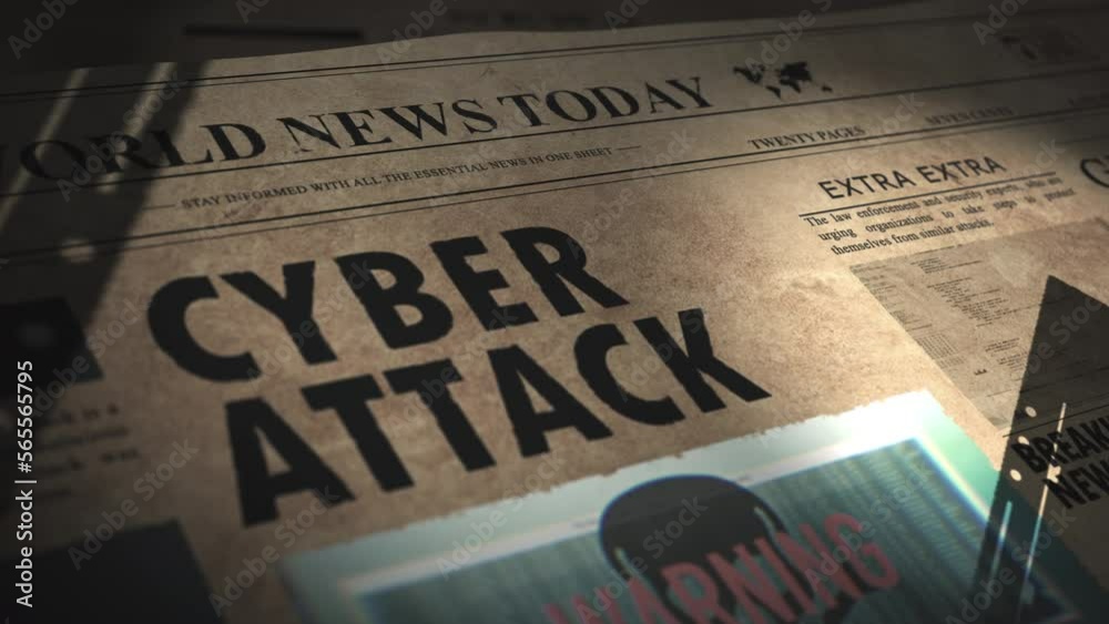 Cyber crime article in retro Newspaper with hacker code glitch skull symbol, attack Internet, security breach