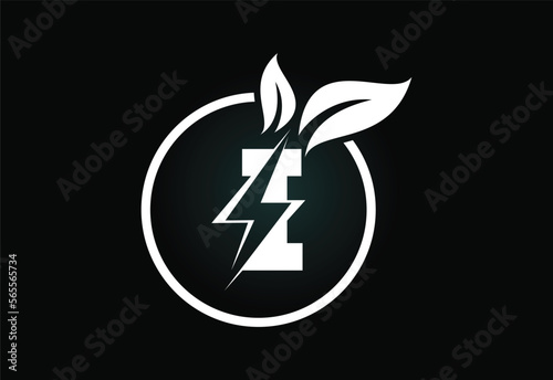 Initial I letter thunderbolt leaf circle or eco energy saver icon. Leaf and thunderbolt icon concept for nature power electric logo