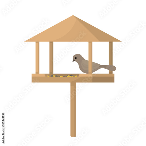 Wooden bird feeder on pole. Feeder with a roof. Winter feeding of birds. Grains and seeds for birds. The bird eats grains in feeder. Flat illustration isolated on white background.
