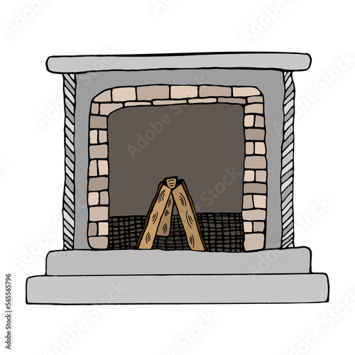 Color doodle illustration of fireplace with firewood without fire. Stone and brick fireplace. Home fireplace for heating and comfort. Clipart isolated on white background.