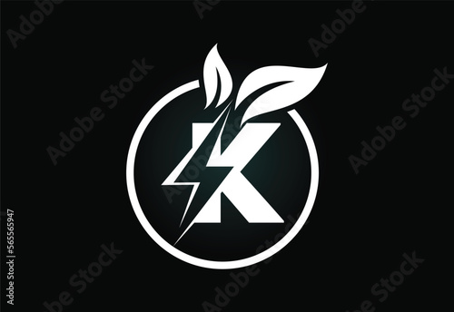 Initial K letter thunderbolt leaf circle or eco energy saver icon. Leaf and thunderbolt icon concept for nature power electric logo