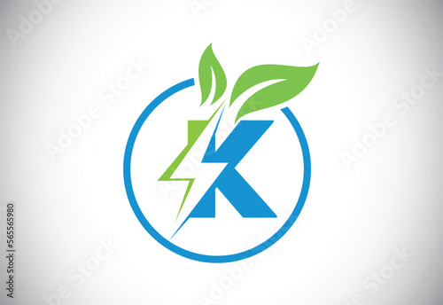 Initial K letter thunderbolt leaf circle or eco energy saver icon. Leaf and thunderbolt icon concept for nature power electric logo