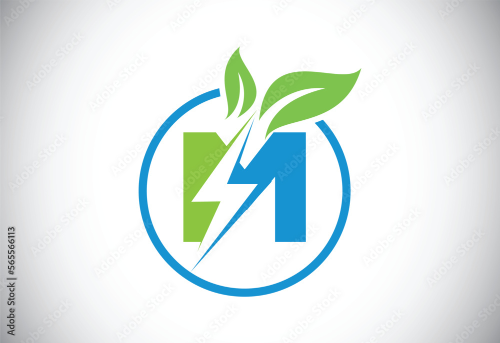 Initial M letter thunderbolt leaf circle or eco energy saver icon. Leaf and thunderbolt icon concept for nature power electric logo Initial M letter thunderbolt leaf circle or eco energy saver icon. Leaf and thunderbolt icon concept for nature power electric logo