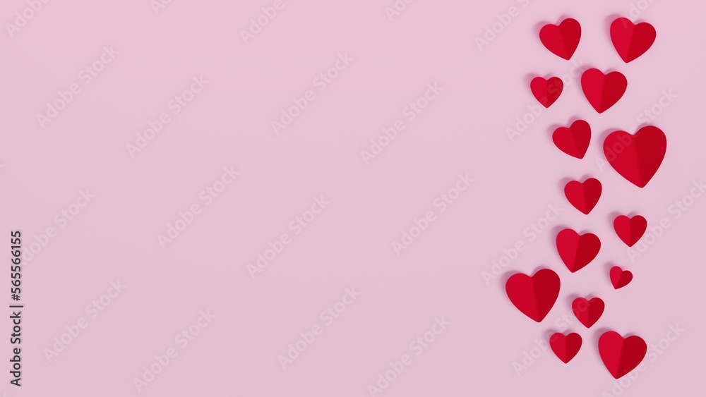 Valentine's concept, paper hearts are arranged on the pink background with Copy Space - 3D Rendering.