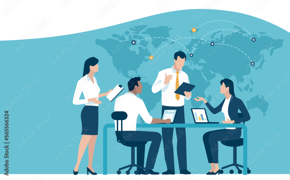 Global trade, global investment. The team discusses in front of the world map. Business vector illustration.