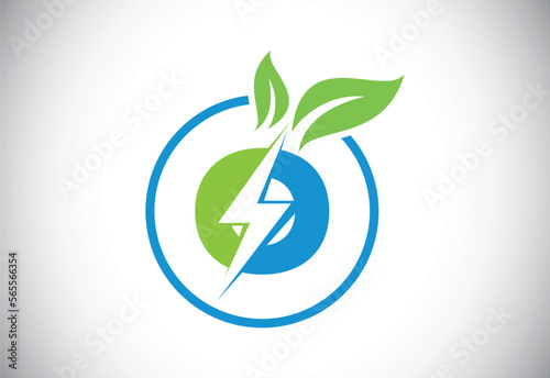Initial O letter thunderbolt leaf circle or eco energy saver icon. Leaf and thunderbolt icon concept for nature power electric logo