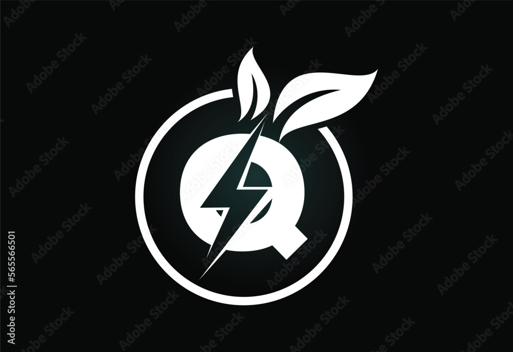 Initial Q letter thunderbolt leaf circle or eco energy saver icon. Leaf and thunderbolt icon concept for nature power electric logo Initial Q letter thunderbolt leaf circle or eco energy saver icon. Leaf and thunderbolt icon concept for nature power electric logo