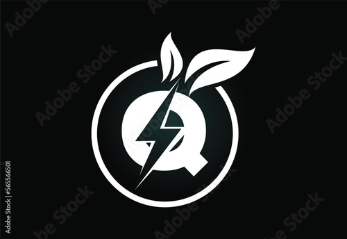 Initial Q letter thunderbolt leaf circle or eco energy saver icon. Leaf and thunderbolt icon concept for nature power electric logo
