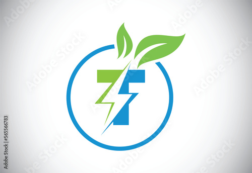 Initial T  letter thunderbolt leaf circle or eco energy saver icon. Leaf and thunderbolt icon concept for nature power electric logo