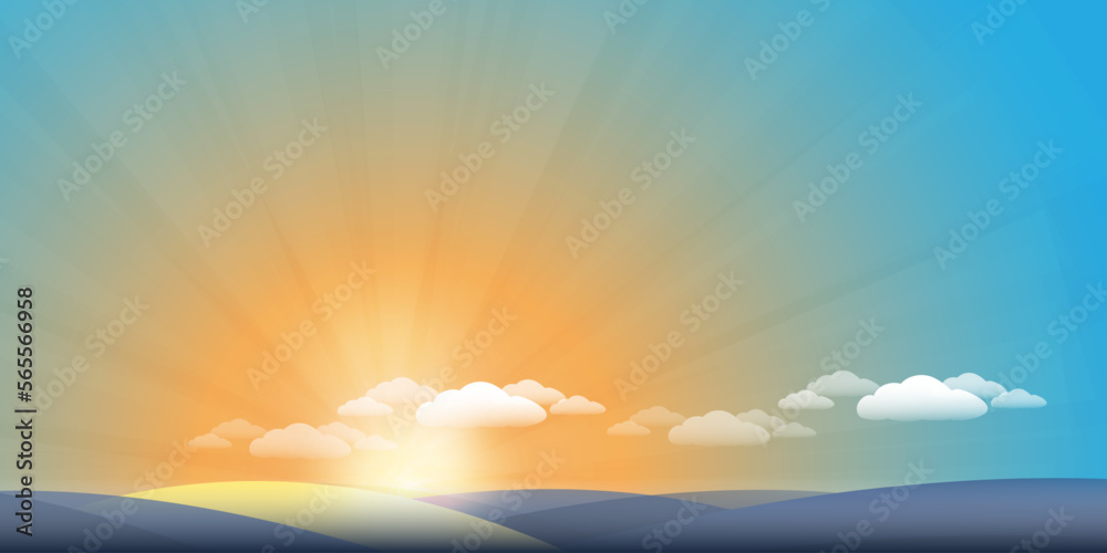 Colorful Summer Sunset Ocean Beach, Horizon with Sandy Dunes - Cloudy Sky, Sunshine, Sunrise, Sea, Sand and an Island - Idyllic Scene with Bright Orange Sun Rays, Creative Stock Vector Illustration