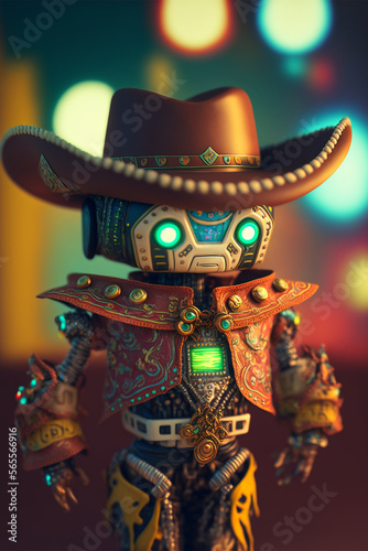 Portrait of a cowboy robot with a hat, cartoon style, wild west aesthetic, AI-generated art