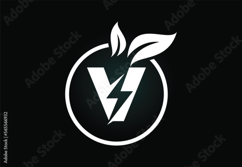 Initial V letter thunderbolt leaf circle or eco energy saver icon. Leaf and thunderbolt icon concept for nature power electric logo