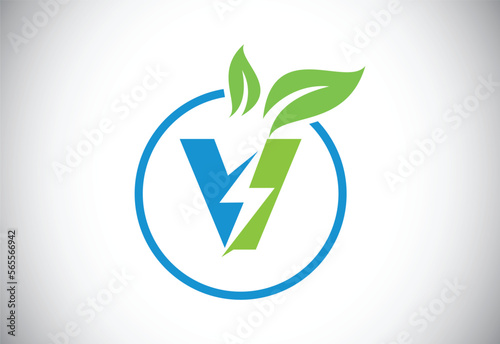 Initial V letter thunderbolt leaf circle or eco energy saver icon. Leaf and thunderbolt icon concept for nature power electric logo