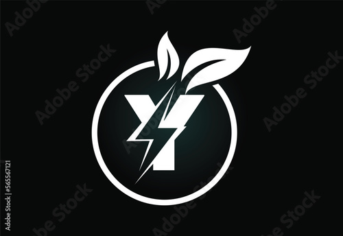 Initial Y letter thunderbolt leaf circle or eco energy saver icon. Leaf and thunderbolt icon concept for nature power electric logo