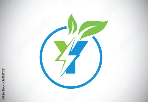 Initial Y letter thunderbolt leaf circle or eco energy saver icon. Leaf and thunderbolt icon concept for nature power electric logo