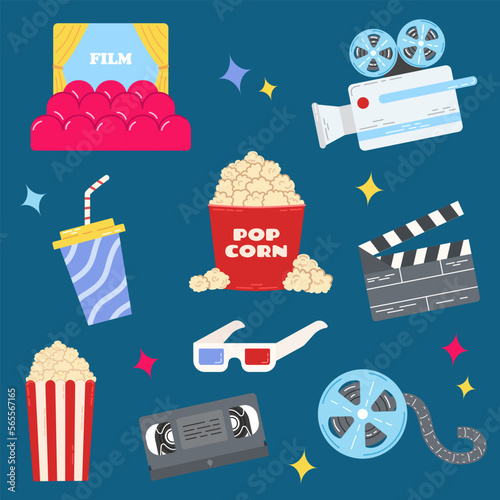 Set of cinema and movie items. Colorful stickers with camera, 3D glasses, video cassette, cine film, camera and delicious popcorn. Cartoon flat vector collection for print.