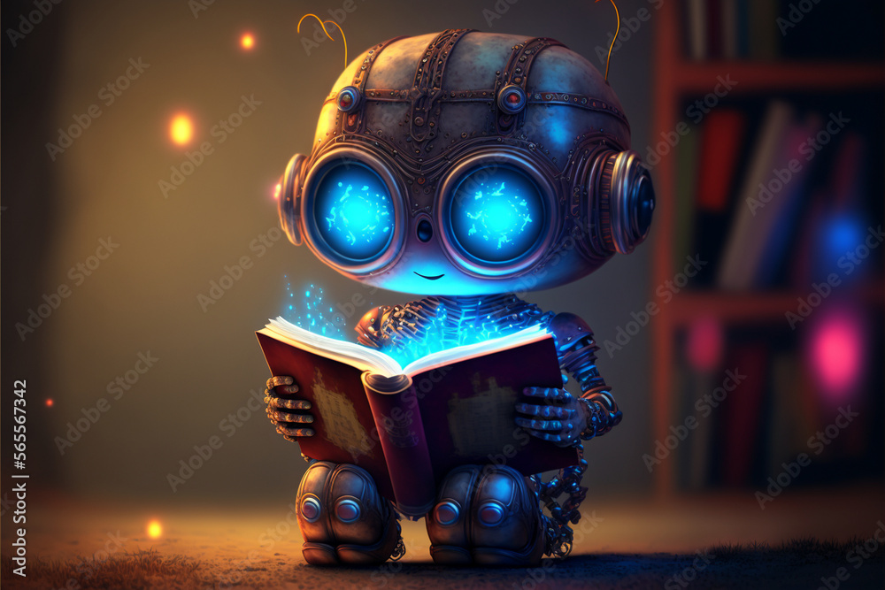 Cute robot child reading a book with a smile, cartoon style, android kid, anthropomorphic art created by ai - obrazy, fototapety, plakaty 