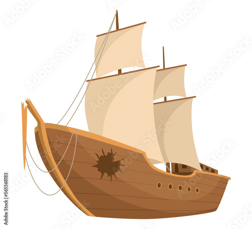 Broken ship icon. Cartoon wooden battered ship with tattered board after wreck or attack. Destroyed, wreck ship isolated on white background