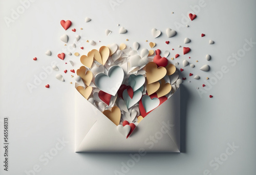  Colorful Valentine's Paper Hearts Spilling Out of an Enevelope - Generative ai photo