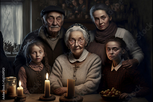 Eastern European family sitting with candles. 3 generations. Generative digital art. 