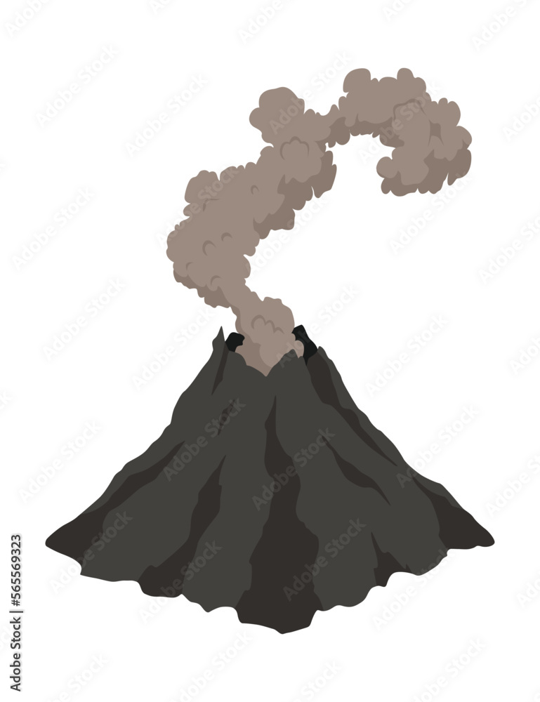 Volcano icon. Magma nature blowing up with smoke. An awakened vulcan activity, smoke element. Volcano eruption. Flat cartoon vector isolated illustration