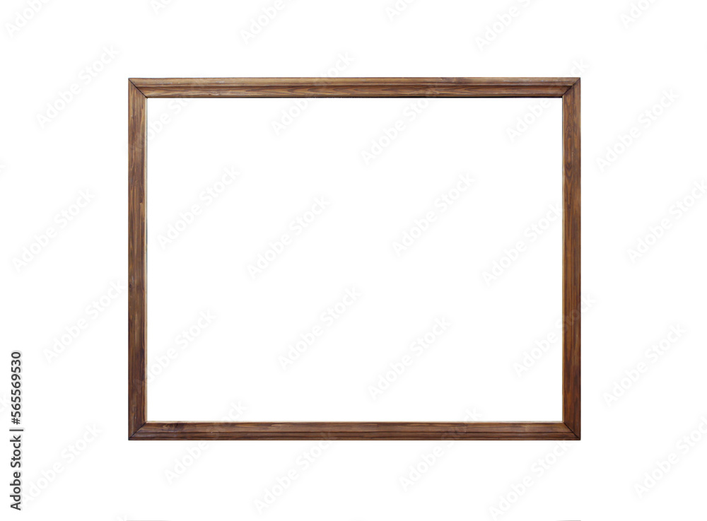 Classic wooden frame isolated on white background. Narrow brown template. Mockup for photos or pictures. Front view. Real photo. Classic wooden frame isolated on white background. Narrow brown template. Mockup for photos or pictures. Front view. Real photo.