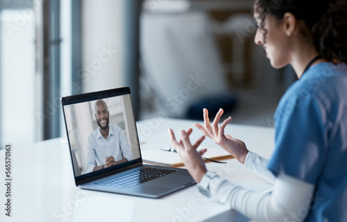 Video call, laptop and doctor consulting patient online, virtual healthcare or telehealth service for advice, help or support. Computer screen, medical, and professional nurse or black people talking